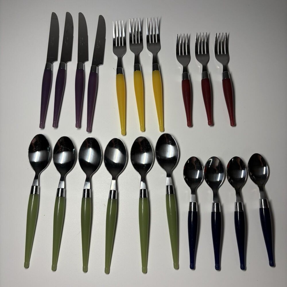 Vintage Retro Cambridge Stainless Flatware, Multi Color Lucite Handles 20-piece